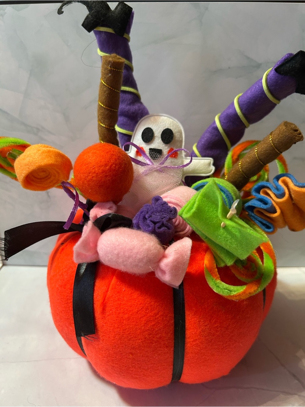 Halloween Pumpkin with Ghost and Candy Accents - Orange